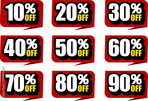 10％OFF、20％OFF、30％OFF、40％OFF、50％OFF、60％OFF、70％OFF、80％OFF、90％OFFのセールを表すディスカウントラベル　Discount Label SALE

