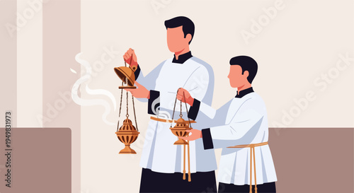 Two individuals in white robes hold ornate incense burners, emitting wisps of smoke