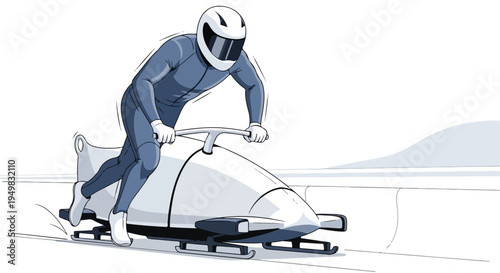 Athlete in a blue suit races down a bobsled track in a sleek vehicle