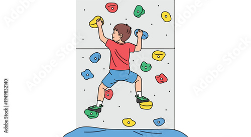 Young boy enjoys climbing a colorful indoor wall with grips