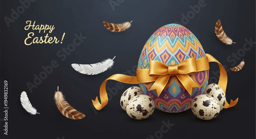 Easter egg with golden bow quail eggs feathers on dark background happy easter greeting