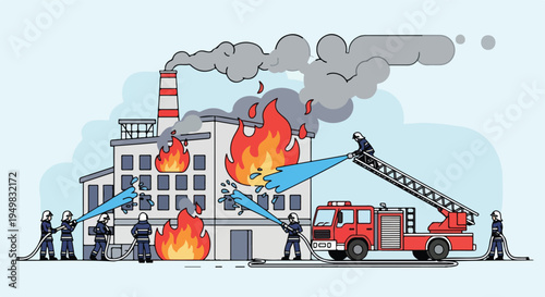 Firefighters battle a large industrial fire with hoses and a ladder truck