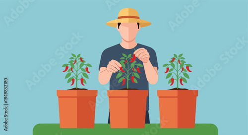 Gardener in straw hat tends to potted chili pepper plants, harvesting ripe red peppers