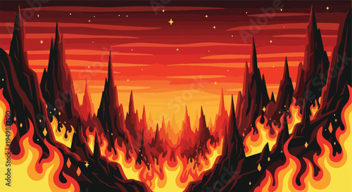 Stylized landscape of jagged dark peaks engulfed in vibrant flames under a fiery sky