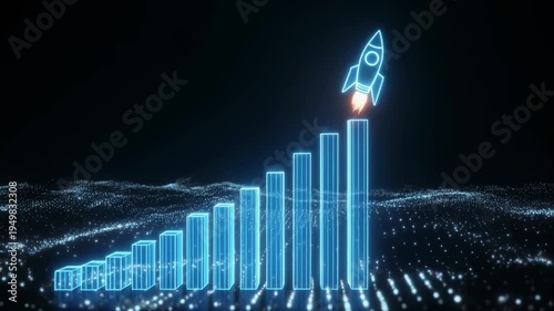Futuristic Business Growth Chart with Rocket Launching Upwards Symbolizing Success.