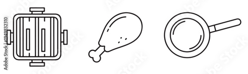 A simple line drawing of a toaster, chicken leg, and frying pan on a white background