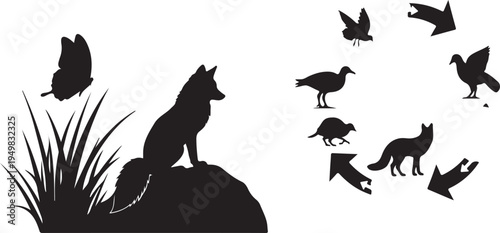 Fox Silhouette with Butterfly and Birds in Circle of Arrows Isolated on White Background