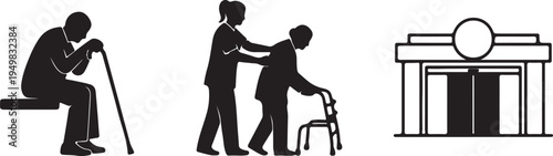 Elderly Care Scene with Walker and Building Silhouette Isolated on white background