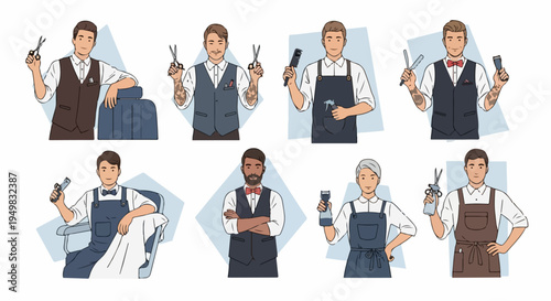 Set of professional barbers and male hair stylists holding grooming tools like scissors, clippers, and combs in a modern illustrative style.