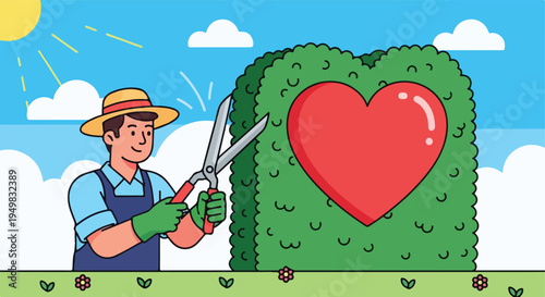 Gardener prunes a heart-shaped bush under a bright sunny sky with clouds