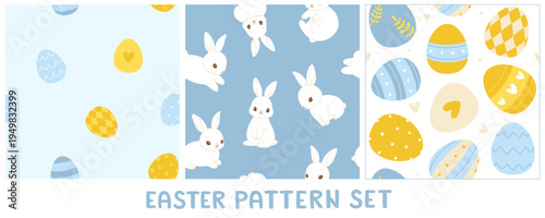 Easter pattern set with cute bunnies and painted eggs. Seamless easter pattern collection.