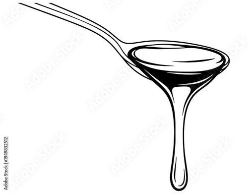 Hand drawn line art illustration of honey or thick syrup dripping from a spoon, minimalist vector design for organic food and natural sweets.