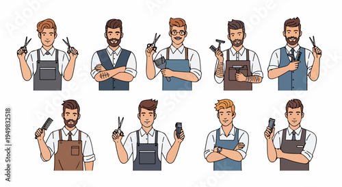 Collection of professional male barber characters in various poses holding hair styling tools like scissors and combs, perfect for salon branding.