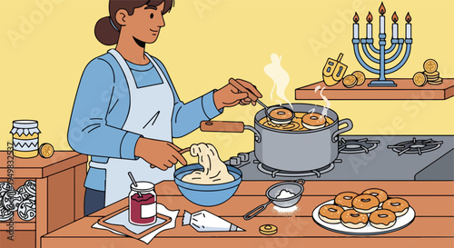 Person prepares Hanukkah treats in a festive kitchen with menorah and gelt