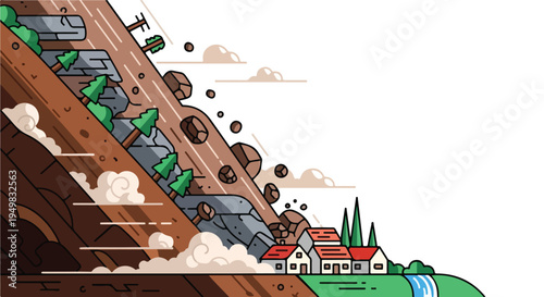 A steep landslide threatens houses and trees near a cascading waterfall