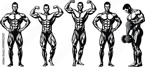 Set of Five Muscular Male Bodybuilder Silhouettes, Athletic Men Performing Strength Training and Fitness Poses, Minimalist Vector Illustration, Isolated Design