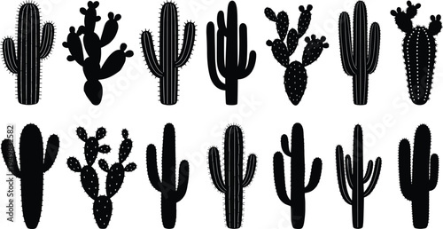Set of black cactus silhouettes and succulent icons, desert plant collection with prickly pear and saguaro, mexican nature vector illustration isolated on white,