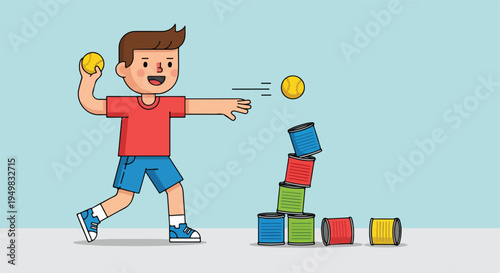 A cartoon boy throws a ball at a stack of colorful cans in a game