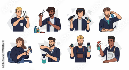 Set of diverse male barbers and hair stylists showing professional grooming tools and techniques in a modern flat vector illustration style.