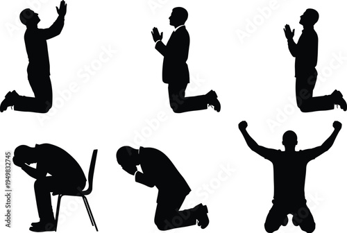 Set of six black silhouettes of people kneeling and praying in various spiritual poses isolated on white background for religious design,