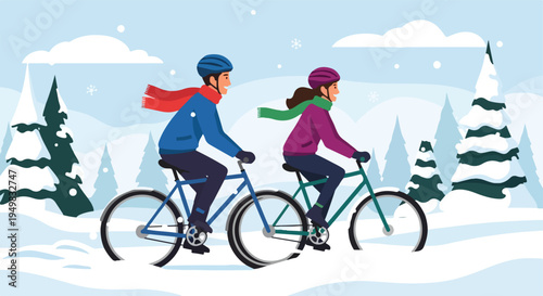 Two cyclists enjoy a winter ride through a snowy forest