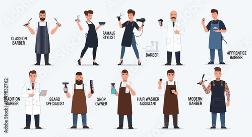 Vector collection of diverse barber shop staff and hair stylists, featuring classic, modern, and specialist characters with professional grooming tools.