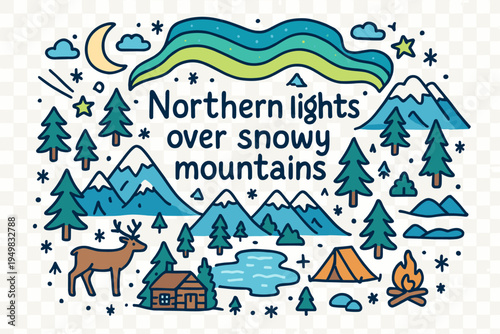 Aurora Over Snowy Peaks. Northern lights over snowy mountains. Hand-drawn doodle illustration of northern