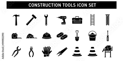 Black silhouette construction tools icon set showcasing minimalist and informational designs for building maintenance and engineering projects a comprehensive graphic collection.