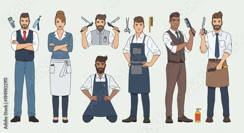 Collection of diverse illustrated barber and hair salon professional characters posing with grooming tools such as scissors, combs, and razors.