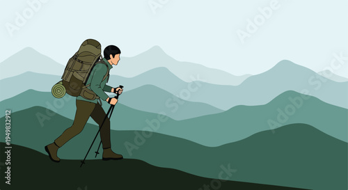 A lone hiker traverses a vast, layered mountain range, using trekking poles