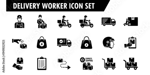 A professional minimalist illustration showcasing a comprehensive delivery worker icon set, perfect for efficient logistics, modern transportation, and express shipping services