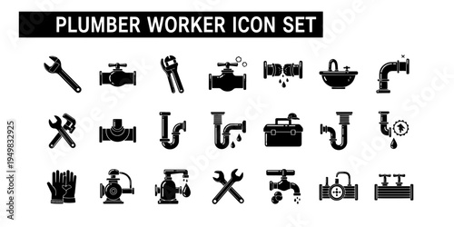 Minimalist Professional Plumber Worker Icon Set Flat Black Silhouettes for Plumbing Repair and Maintenance Services Website Design