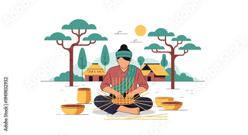 Rural craftsman weaving basket amidst traditional village scenery under sun