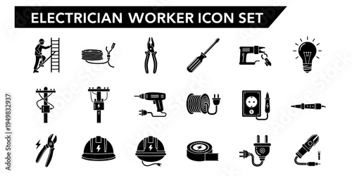 Graphic professional set of electrician worker icons featuring tools, safety equipment, power elements, and utility symbols on a clean, white background.