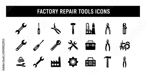 A minimalist organized collection of factory repair tools icons featuring a wrench, hammer, and screwdriver for industrial and technical projects and presentations