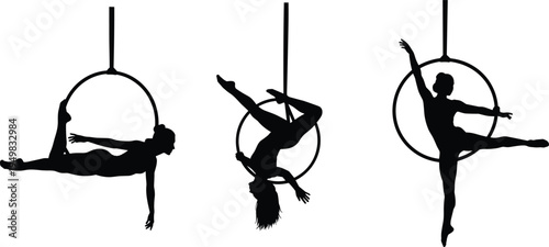 Set of three black silhouettes showing aerial dance performers posing on hanging lyra hoops isolated on white background for artistic design,