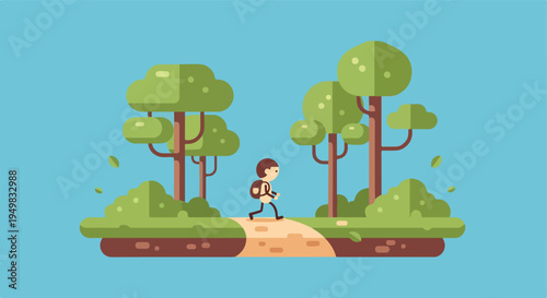 A solitary figure hikes through a stylized forest landscape