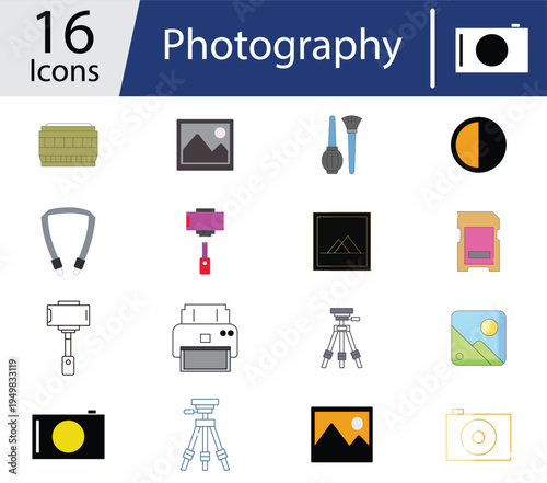 Premium Photography Icons Vector Set – Camera, Studio & Media Line Icons Collection