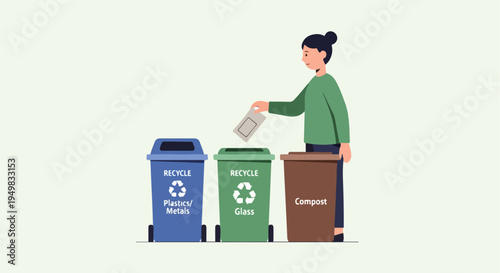 Person sorts waste into labeled recycling and compost bins