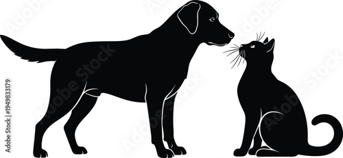 Black silhouette of a Labrador retriever dog standing and looking at a sitting cat isolated on white background, cad drawing flat vector illustration design