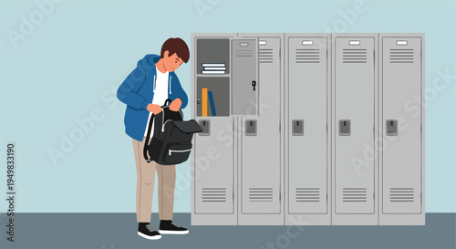 A student packs a backpack next to a row of school lockers