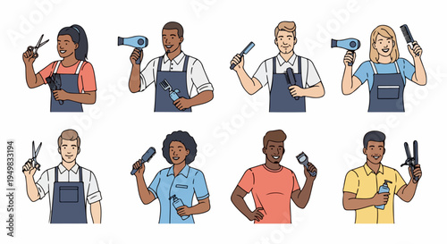 Diverse collection of professional hairstylists and barbers holding various hair styling tools and equipment, illustrated in a flat cartoon style on white.