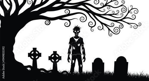 Black, silhouette, of, a, scary, zombie, standing, in, a, cemetery, under, a, spooky, tree, with, tombstones, isolated, on, white, background, flat, vector, illustration