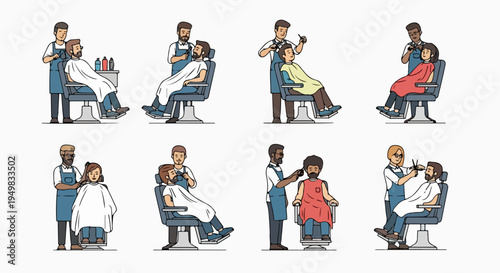 Collection of diverse vector illustrations featuring professional barbers and hairdressers grooming clients, cutting hair, and trimming beards in a salon or barbershop setting.