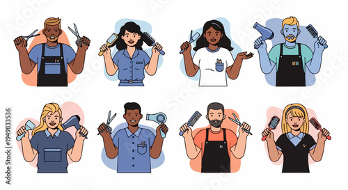 Set of Diverse Professional Hairdressers and Barbers Holding Hair Styling Tools such as Scissors, Combs, and Hair Dryers in Flat Cartoon Style