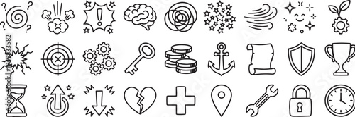 Comprehensive Vector Set of Hand Drawn Concept and UI Icons Featuring Brains Gears Trophies and Abstract Doodle Elements for Playful Business Presentations and Graphic Design