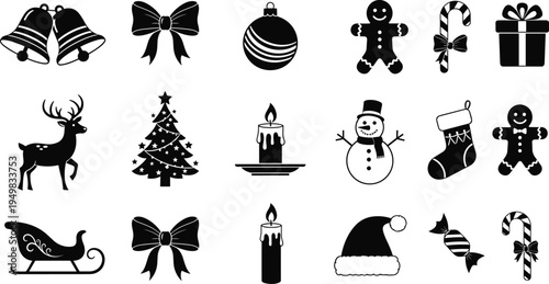 Christmas black silhouette icon set featuring festive reindeer, snowman, santa hat, gingerbread man, candy cane, bells, gift box, and candle isolated on white background.
