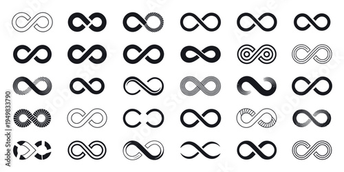 Infinity icon collection with endless and unlimited symbols in clean vector style isolated for branding graphics