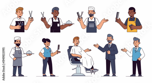 A diverse set of service industry professional characters including barbers, chefs, waiters, and managers, isolated on white background in flat vector style.