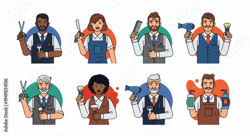 Collection of diverse male and female barber and hairstylist cartoon characters holding various professional salon tools, including scissors, combs, and hair dryers.